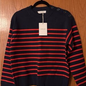 Everlane Women’s Navy and Red Striped Button-Shoulder Sweater